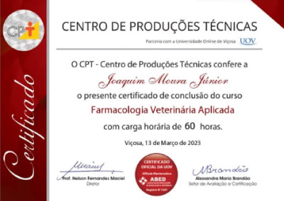 Certificado de Farmacologia Veterinária Aplicada — Joaquim Moura Júnior