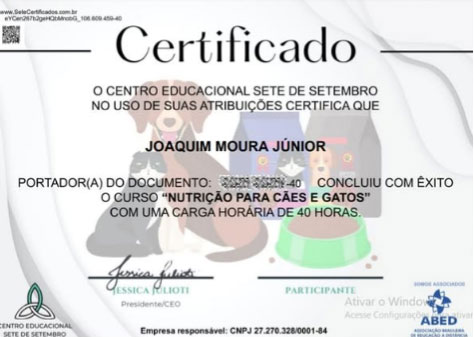 Certificado de Nutrição para Cães e Gatos — Joaquim Moura Júnior