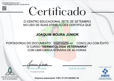 Certificado de Dermatologia Veterinária — Joaquim Moura Júnior