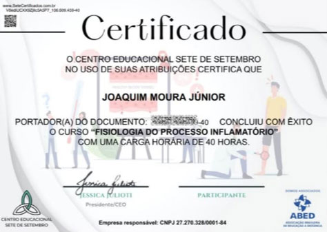 Certificado de Fisiologia do Processo Inflamatório — Joaquim Moura Júnior