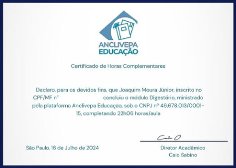 Certificado de Módulo Digestório — Joaquim Moura Júnior