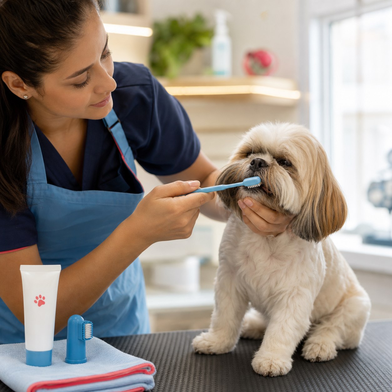 Escovação de dentes de cães na União Pet em São Bento do Sul